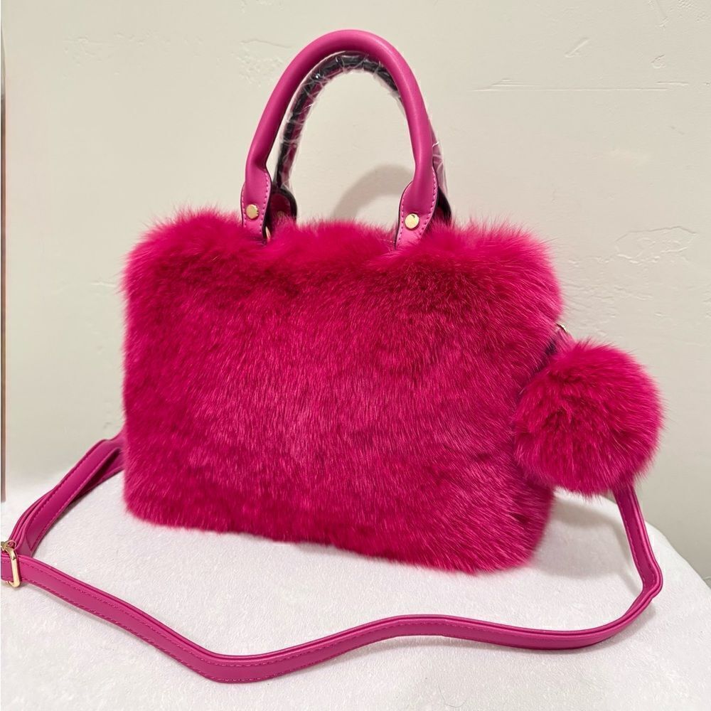 One of a kind!  Luxury Dyed Real Fox Fur Leather Handle Satchel